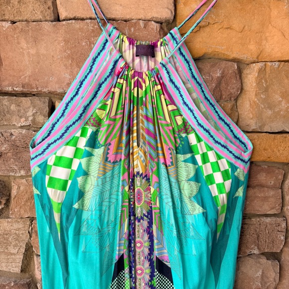 Hale Bob M Women Teal Green Geometric Floral Halter Romper Boho Summer Vacation - Picture 4 of 14